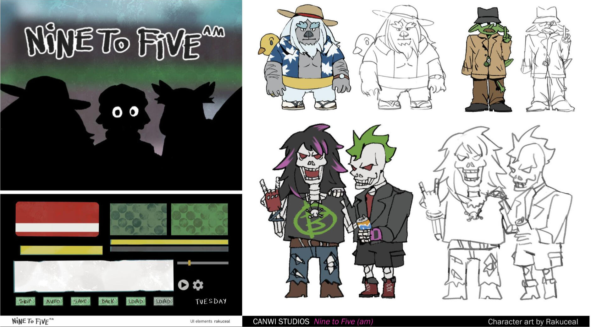 1- Nine to Five (am) game cover image. 2- Character sprites: final and sketches. 3- Backgrounds.