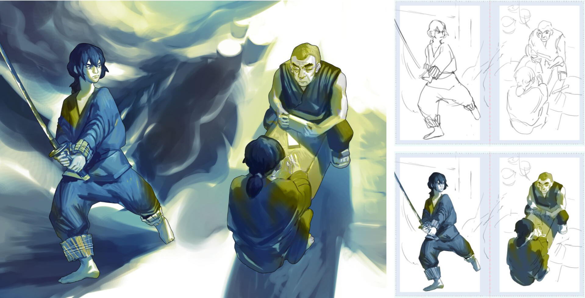 Blue Eye Samurai characters for a two page format.