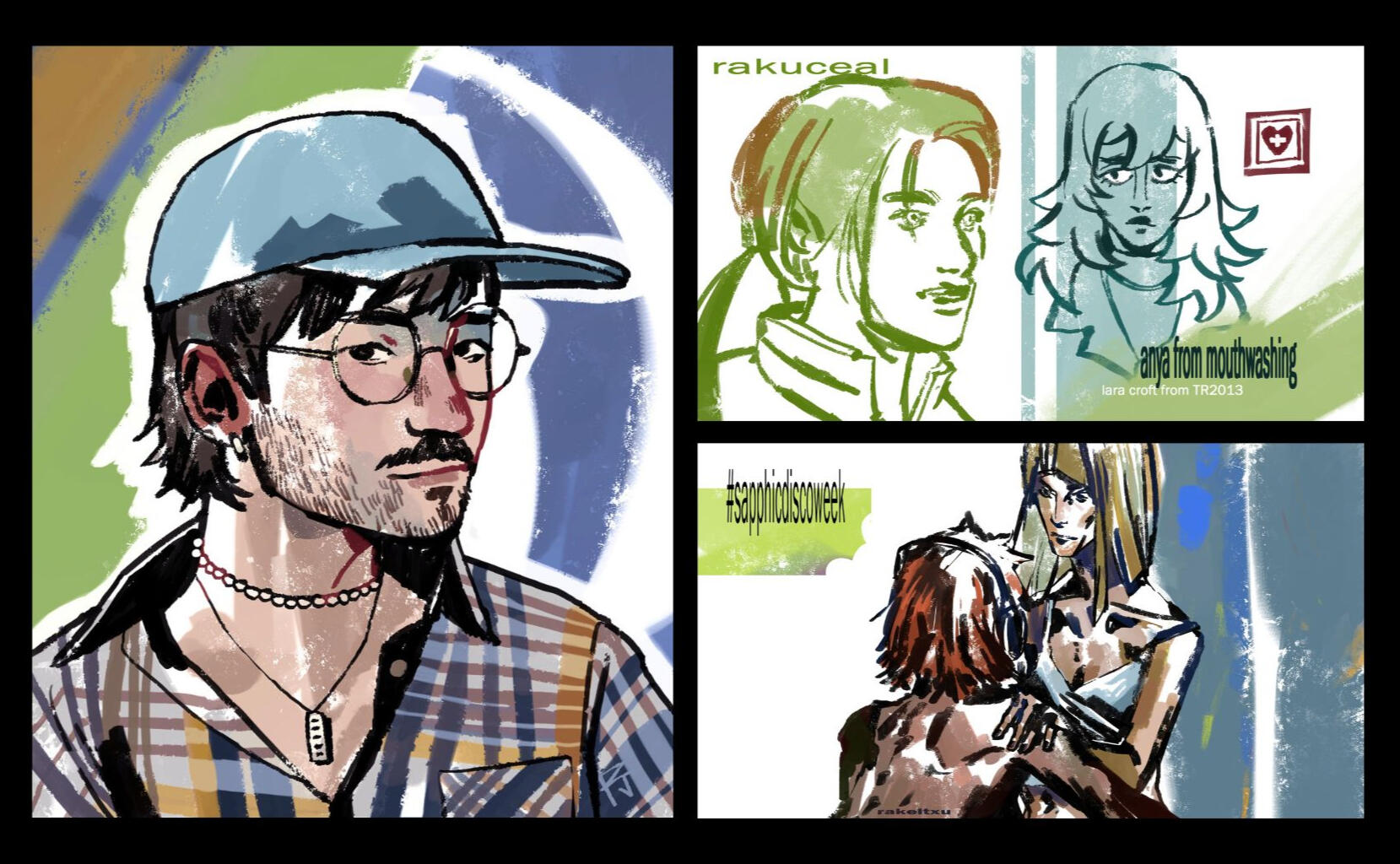 1- Disco Elysium themed portrait. 2- Lara Croft from Tomb Raider and Anya from Mouthwashing. 3- Klaasje and Ruby from Disco Elysium.